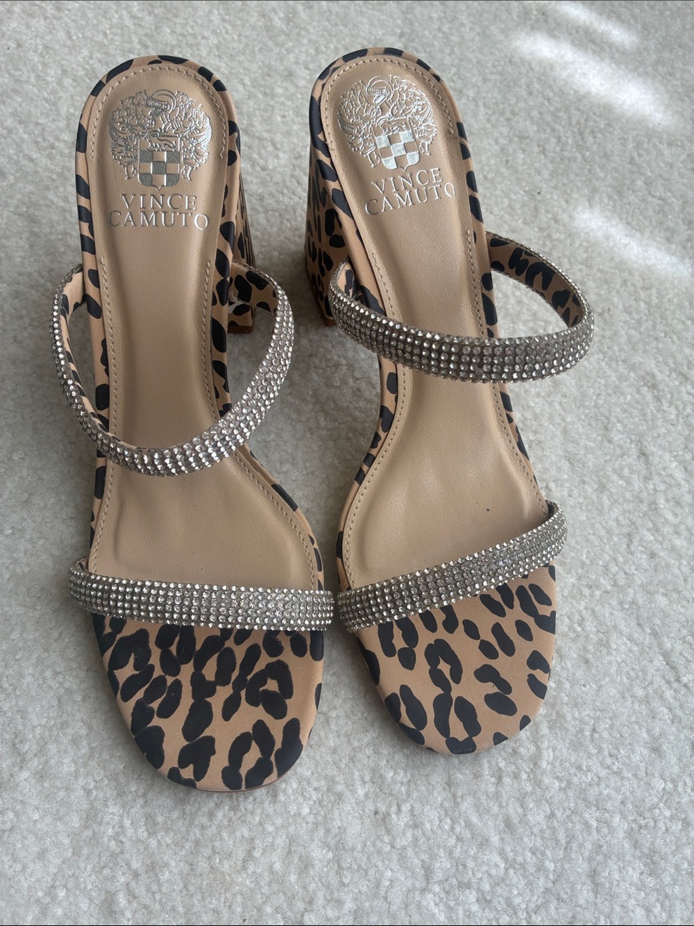 Vince Camuto Leopard Print Crystal Double-Strap Heels - Tan/Black